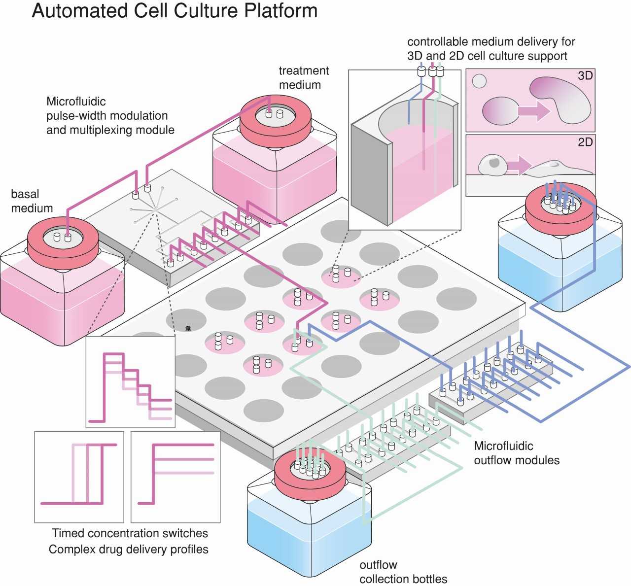 Isometric illustration of a microfluidics cell culture setup