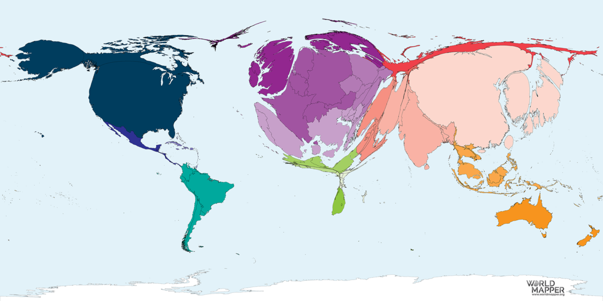 Map of the world where countries are distorted according to their scientific output